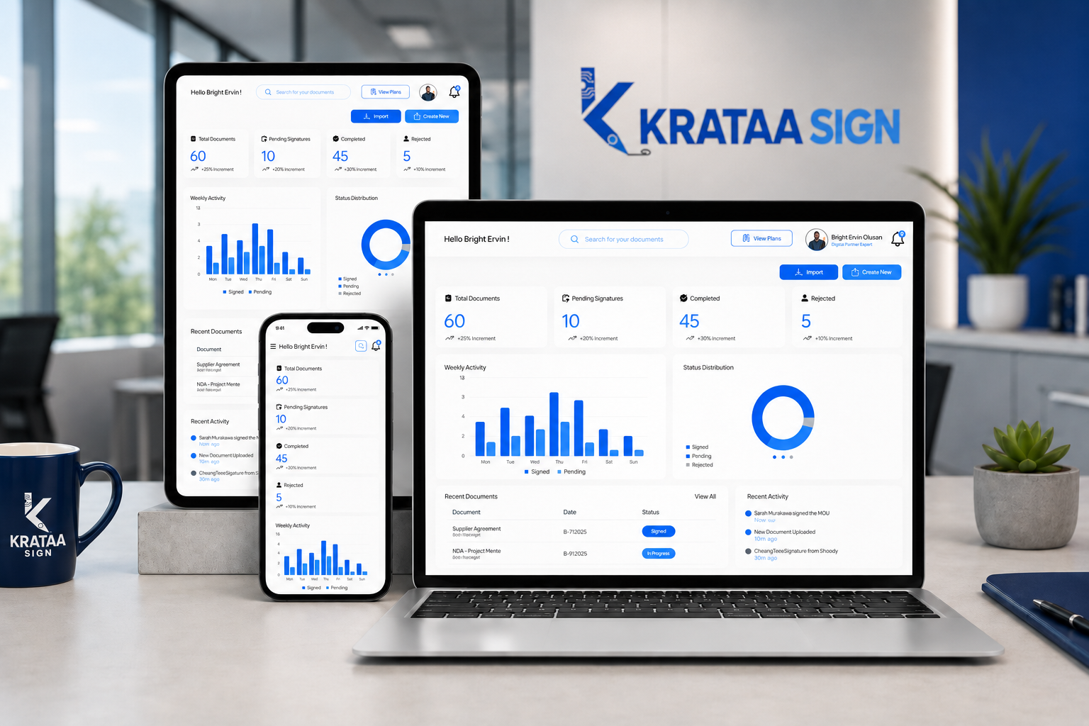 Krataa Sign dashboard shown across laptop and mobile devices