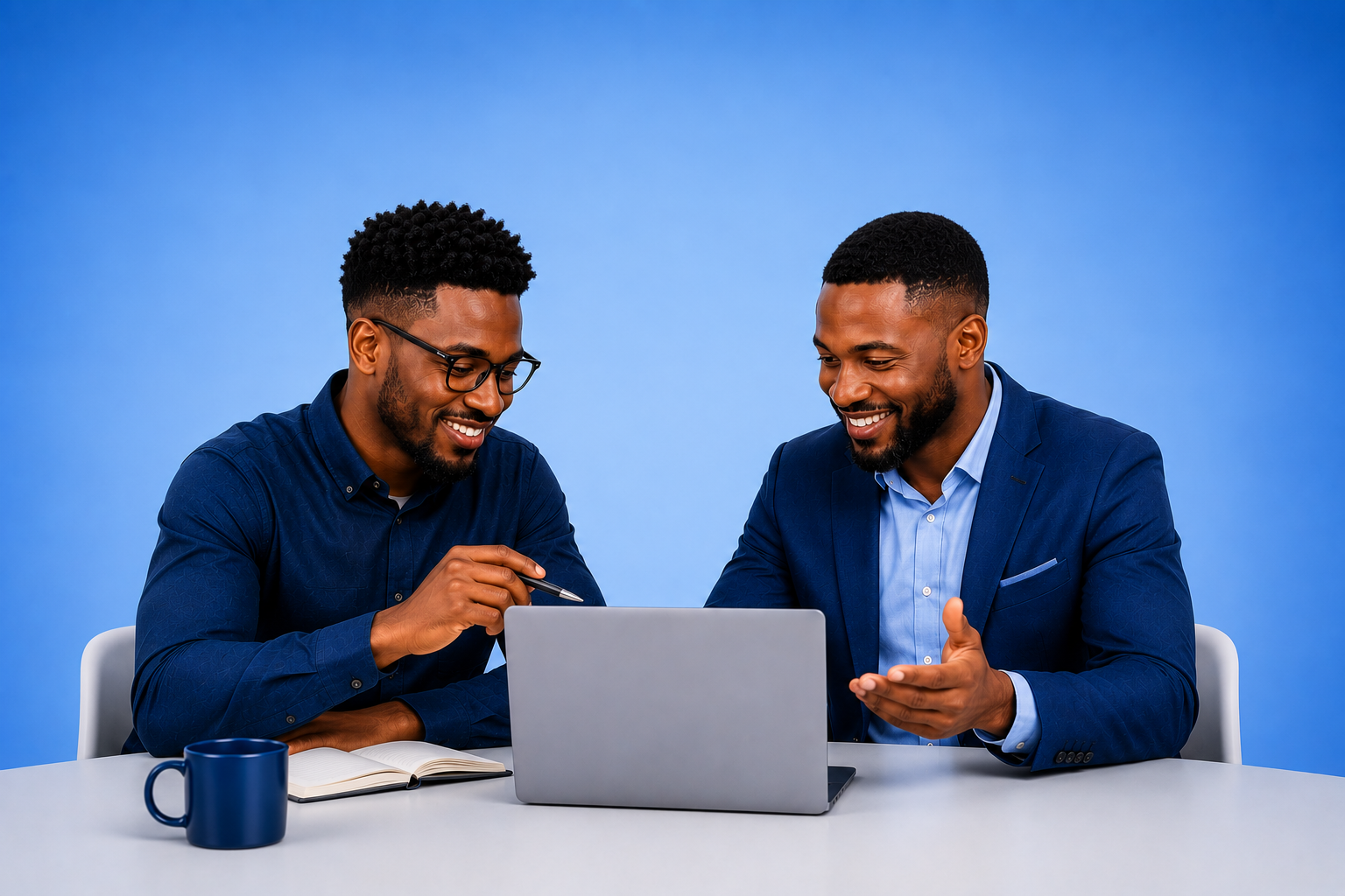 Two professionals working together on a laptop