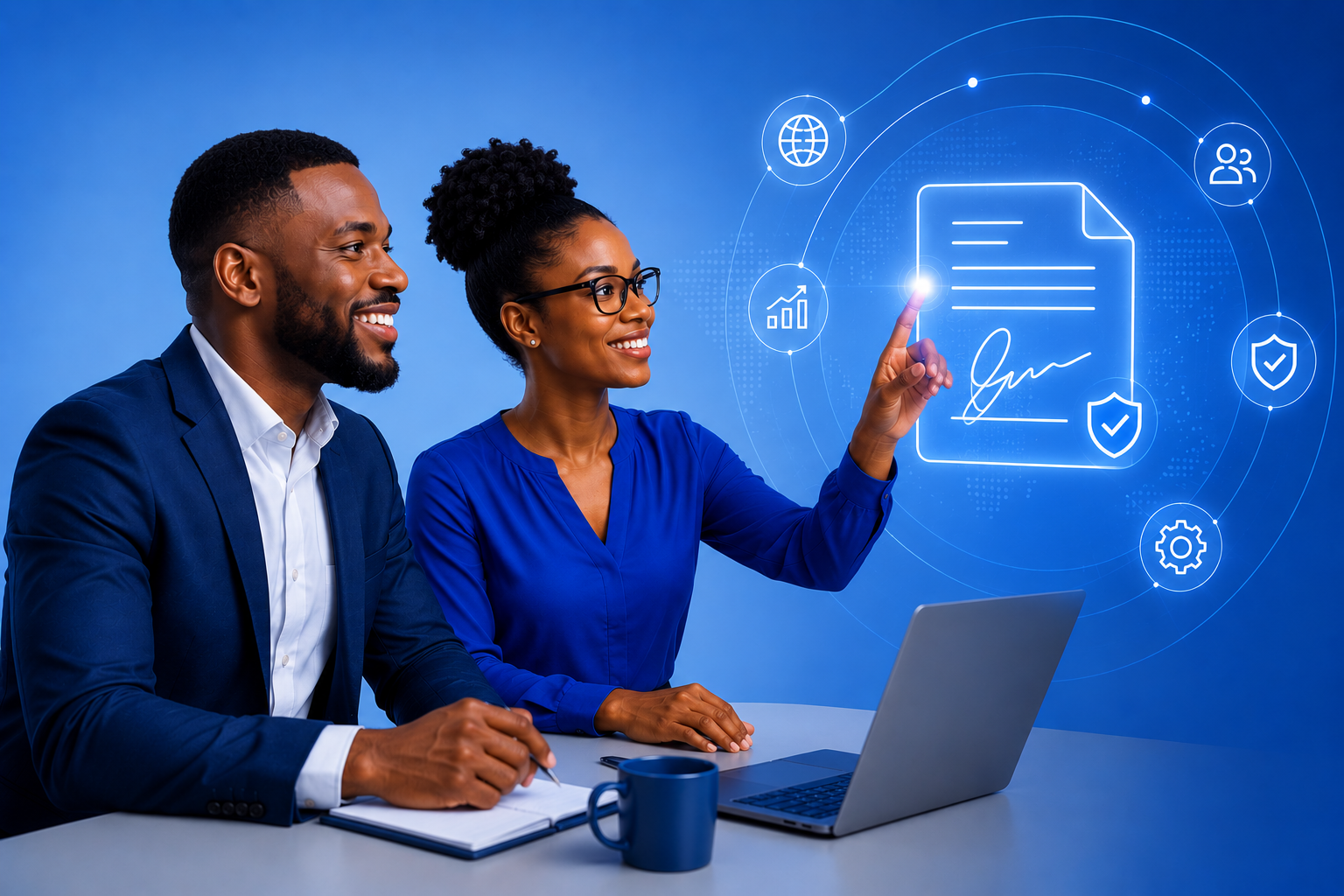 Colleagues reviewing a secure digital signing workflow